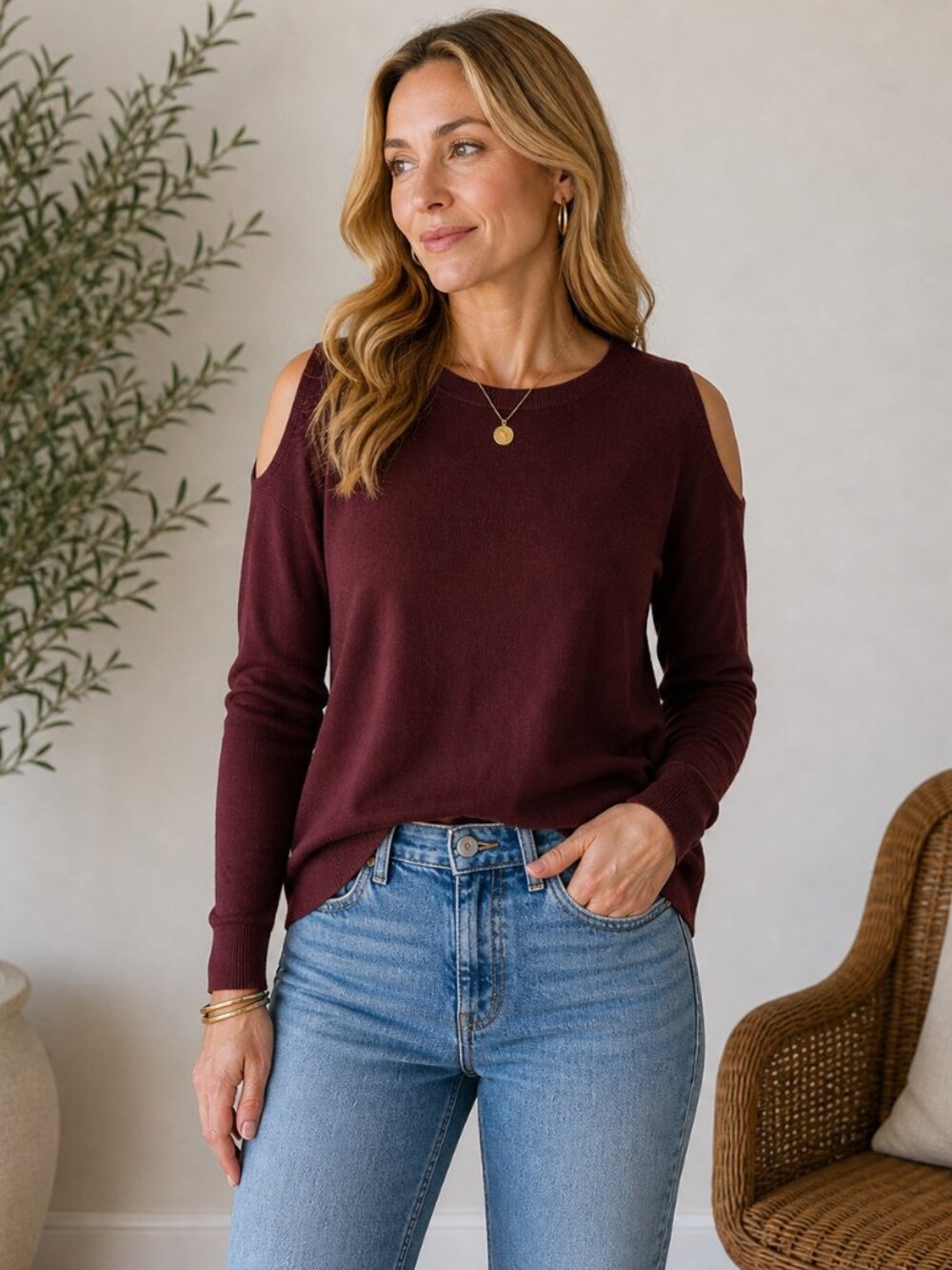 Splendid Cold Shoulder Sweater Small | Burgundy Cashmere Blend Knit Long Sleeve